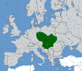 Groot-Moravië op zijn hoogtepunt onder heerschappij van Svatopluk I (871-894), geprojecteerd op de huidige grenzen.