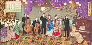 Ukiyo-e présentant des musiciens utilisant divers instruments (piano, flutte traversière, violons, violoncelle) et un chœur d'une dizaine de personnes.