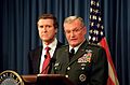 Secretary of Defense William Cohen (left) and General Shalikashvili (right) at Pentagon briefing on July 31, 1997.