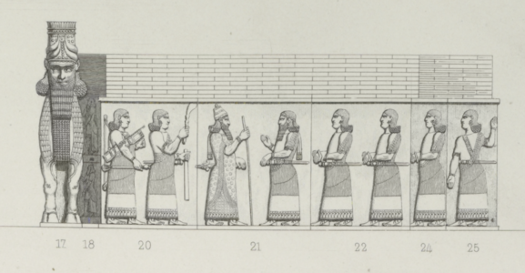 Bas-relief du palais de Khorsabad représentant Sargon en présence des principaux dignitaires de la cour, incluant peut-être le prince héritier Sennachérib. Copie par Eugène Flandin.