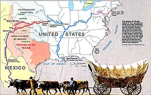 Mapa del Camí de Santa Fe amb dibuix d'una carreta coberta tirada per bous