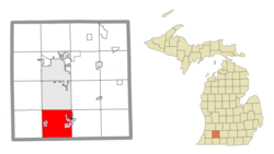 Location within Kalamazoo County and the administered villages of Schoolcraft (1) and portion of Vicksburg (2)