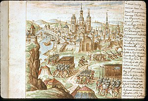 Siege of Rouen and the Death of Antoine of Navarre from illuminated manuscript Carmen de tristibus Galliae, 1577, Municipal Library of Lyon, ms. 0156, fo 7.