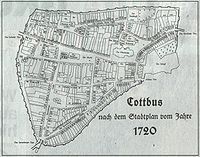 Stadtplan von Cottbus aus dem Jahr 1720