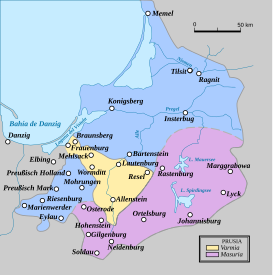 Masuria como área prusiana habitada por residentes que hablan polaco o mazurski[1]​