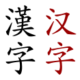 Bal: „kínai írásjegy” hagyományos kínai írásjegyekkel Jobb: „kínai írásjegy” egyszerűsített kínai írásjegyekkel Kiejtés: hànzì (kínai), kanji (japán), hanja (koreai), hán tự (vietnámi)