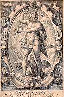 Jacob Matham (after a design by Hendrick Goltzius). 2. Jupiter label QS:Len,"Jupiter" label QS:Lpl,"Jowisz" 1597. copper engraving print. Private collection institution QS:P195,Q768717 .