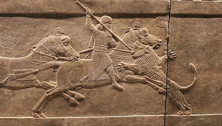 Le roi Assurbanipal, monté à cheval, plonge une lance dans un lion qui se jette sur lui, bas-relief du Palais nord de Ninive (VIIe siècle av. J.-C.). British Museum.