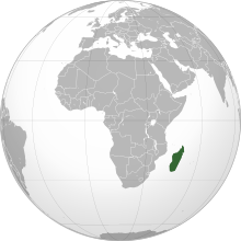 The large island of Madagascar, slightly off the southeast coast of Africa, highlighted in green