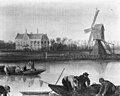 English: detail of picture showing the windmill and house Roucoop