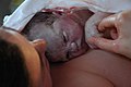 Closeup of baby's face right after birth, skin covered in vernix and some blood.