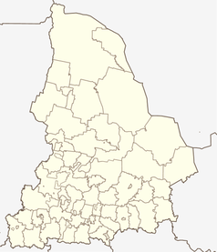 Mapa konturowa obwodu swierdłowskiego, na dole nieco na lewo znajduje się punkt z opisem „KKR UralecKompleks Kulturalno-Rozrywkowy Uralec”