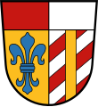 Landkreis Augsburg (–1972) Unter von Rot und Silber gespaltenem Schildhaupt gespalten; vorne in Gold eine blaue, heraldische Lilie; hinten fünfmal schräglinks geteilt von Silber und Rot, überdeckt mit einem goldenen Pfahl.