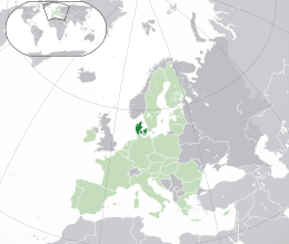  Denmark[N 2] के लोकेशन (dark green) – यूरोप (green & dark grey) में – यूरोपियन यूनियन (green) में  –  [संकेत]