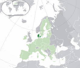  Danmarks placering  (mørkegrøn) – på det europæiske kontinent  (lysegrøn og mørkegrå) – i den Europæiske Union  (lysegrøn)  –  [Forklaring]