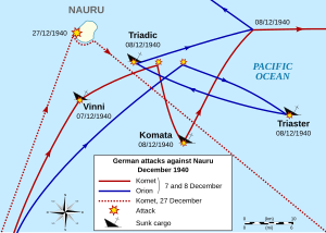 Map of the Nauru region showing the movements of German ships and locations where Allied ships were sunk as described in the article