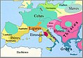 En orange, localisation hypothétique des Ligures au IIIe siècle av. J.-C. D'autres hypothèses l'estimaient plus vaste au néolithique.