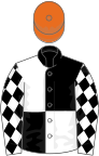 Black and white (quartered), white sleeves, black diamonds, orange cap