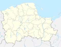 Mapa konturowa województwa pomorskiego, blisko centrum na lewo znajduje się punkt z opisem „Szludron”