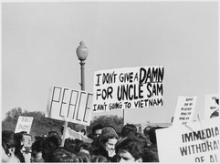 Protesters marching in the street.