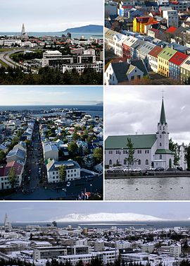 左上：夏季在珍珠楼（英语：Perlan）上眺望雷克雅未克老城区和哈爾格林姆教堂；右上：在哈尔格林姆教堂俯瞰市内的彩色房屋；左中：在哈尔格林姆教堂的尖頂上俯瞰市中心；右中：雷克雅未克自由教堂（英语：Fríkirkjan í Reykjavík）；下：冬季在珍珠楼上看到的城市全景