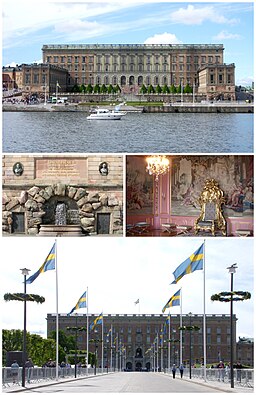 Stockholms slott: överst östra fasaden, i mitten brunn och Oscar II:s minnestavla på sydöstra flygeln samt Lovisa Ulrikas audiensrum, nederst fasad mot norr.