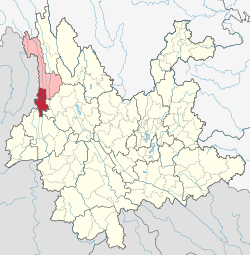 Location of Lushui City (red) and Nujiang Prefecture (pink) within Yunnan