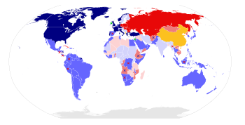 This map also shows the Cold War in 1980, but gives China its own color, as well as some other differences