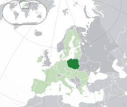  পোল্যান্ড-এর অবস্থান (dark green) – Europe-এ (green & dark grey) – the European Union-এ (green)  –  [ব্যাখ্যা]