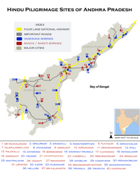 Zatiketaren mapa (zurizko barrutiek Telangana osatu zuten), eta oraingo Andhra Pradeshko mapa bat, azpiegiturak eta erlijio-zentroak markatzen dituena.