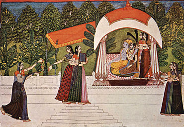 Miniatura rājput: Kriṣṇna y Rādhā nun pabellón (escontra 1750), de Nihāl Chand, Allahābād.