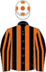 Black and orange stripes, white cap, orange spots