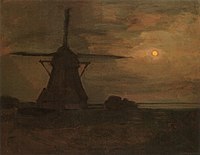 Windmill by Moonlight label QS:Len,"Windmill by Moonlight" label QS:Lpl,"Wiatrak w świetle księżyca" label QS:Lnl,"Molen bij maanlicht" Vers 1907 date QS:P,+1907-00-00T00:00:00Z/9,P1480,Q5727902 . huile sur toile medium QS:P186,Q296955;P186,Q12321255,P518,Q861259 . 99,5 × 125,5 cm. La Haye, Gemeentemuseum Den Haag.