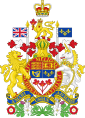 At the top there is a rendition of St. Edward's Crown, with the crest of a crowned gold lion standing on a twisted wreath of red and white silk and holding a maple leaf in its right paw underneath. The lion is standing on top of a helm, which is above the escutcheon, ribbon, motto and compartment. There is a supporter of either side of the escutcheon and ribbon; an English lion on the left and a Scottish unicorn on the right.