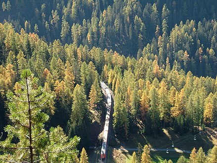 Southbound train after leaving Plaz loop tunnel (view from footpath to Piz Darlux) Südwärts fahrender Zug nach dem Verlassen des Plaz Kehrtunnels (Blick vom Fussweg zum Piz Darlux)