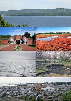 Top:Panorama view of Mount Tento and Lake Abashiri, Second:Abashiri Prison Museum, View of salicornia europaea in Lake Notoro, Third:View of drift ice in Okhotsk Sea, Ainu Moyoro Midden Ruin Park, Bottom:Panorama view of downtown Abashiri (all item from left to right)