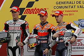 Ben Casey Stoner and Andrea Dovizioso 2011 Valencia.jpg