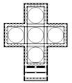 Plan centré en croix grecque à cinq coupoles de l'église des Saint-Apôtres de Constantinople, VIe siècle.