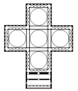 Planta central en cruz griega con cinco cúpulas de la iglesia de los Santos Apóstoles de Constantinopla (siglo IV)