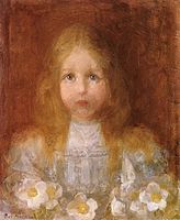 Portrait of a Girl with Flowers label QS:Len,"Portrait of a Girl with Flowers" label QS:Lpl,"Portret dziewczyny z kwiatami" label QS:Lnl,"Meisjesportret met bloemen" 1900-1901. oil on canvas medium QS:P186,Q296955;P186,Q12321255,P518,Q861259 . 53 × 44 cm (20.8 × 17.3 in). The Hague, Gemeentemuseum Den Haag.