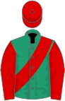 Emerald green, red sash, sleeves and cap