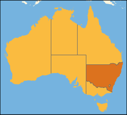 Map of Australia with ਨਿਊ ਸਾਊਥ ਵੇਲਜ਼ highlighted