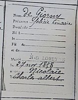 Fiche de l'acte de mariage religieux de Charles Albert Nicolaïe et Félicie Marie de Giorni (de Giorny) dans le registre de l'église Notre-Dame-de-Lorette à Paris.