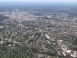 Clifton viewed from above. The Garden State Parkway is visible on the left, with the Passaic River in the upper right and New Jersey Route 3 near the bottom