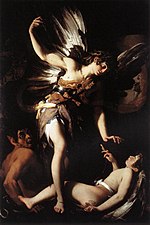 إيروس الإلهي يهزم إيروس الدنيوي بريشة باجليوني 1602 وقد وضع رأس كارافاجيو لجسد الشيطان. المعرض الوطني للفن القديم في روما ، إيطاليا.