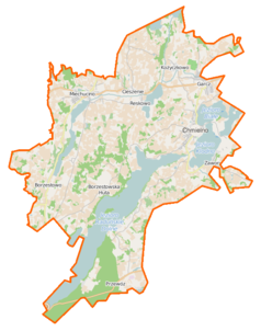 Mapa konturowa gminy Chmielno, u góry nieco na prawo znajduje się punkt z opisem „Borczaki”