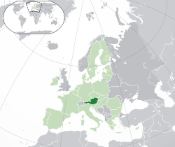  Австри улсын байршил (хар ногоон) – Европ (ногоон & хар саарал) – Европын Холбоо (ногоон)  –  [Legend]