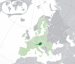 Location of ਆਸਟਰੀਆ (dark green) – in Europe (light green & dark grey) – in the European Union (light green)  –  [Legend]