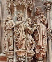 Poznogotska upodobitev Čaščenje Svetih treh kraljev iz Strasbourške stolnice.