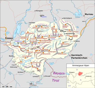 Lage der Ammergauer Alpen innerhalb der Ostalpen